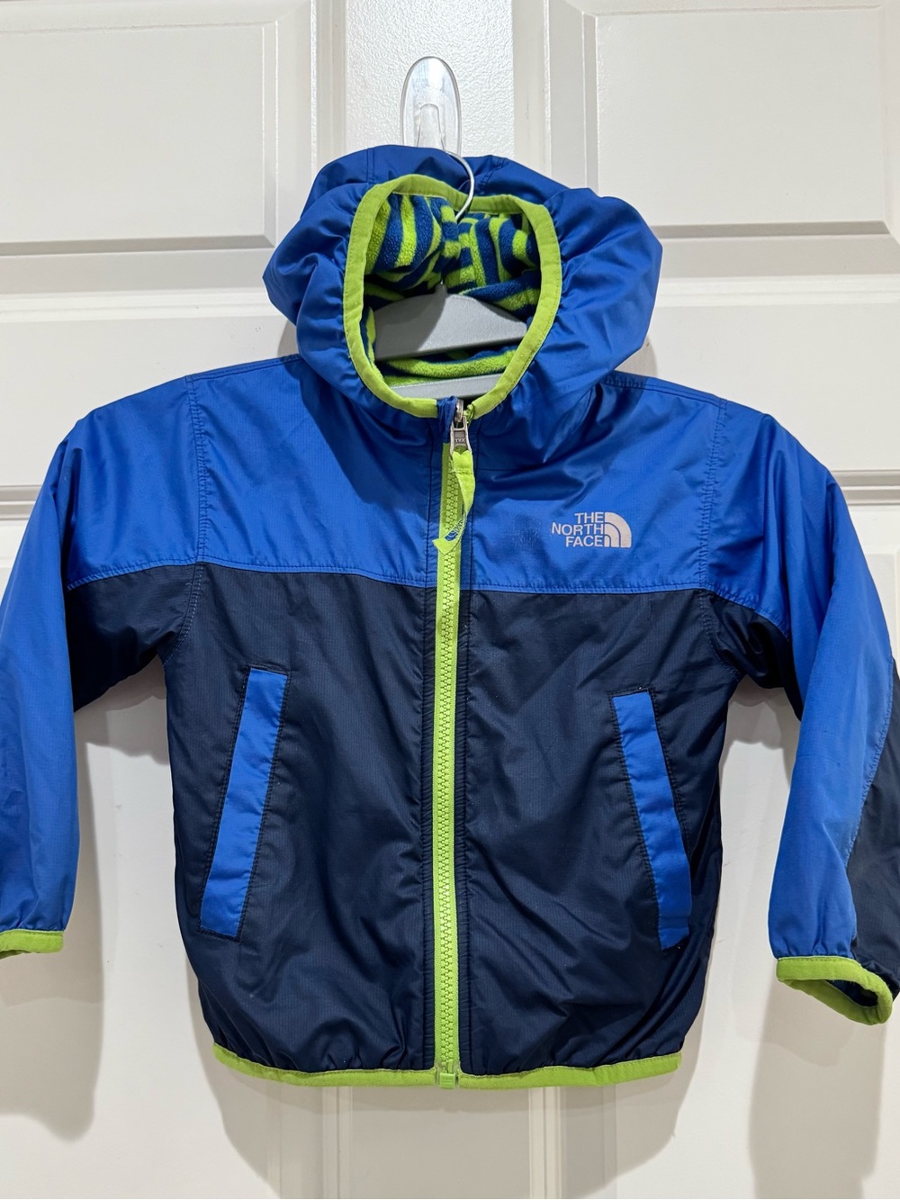 The North Face Kids Blue & Navy Hooded Jacket with Lime Trim size 18-24M